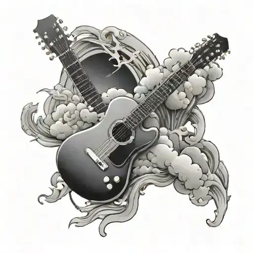 Create A Tattoo Of A Guitar Surrounded By Heavenly Clouds And Angelic Figures Playing Music