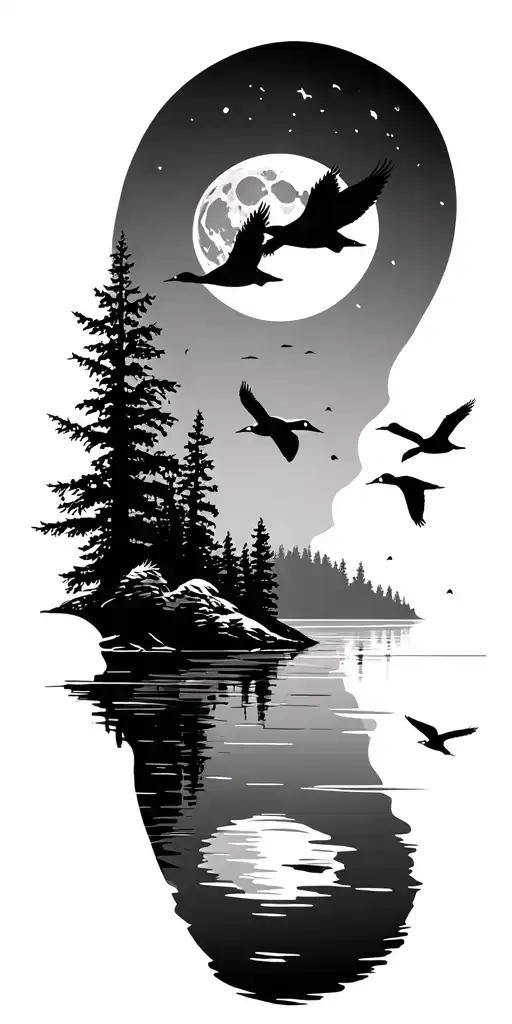 Ducks Flying Over Lake With Moon And Forest