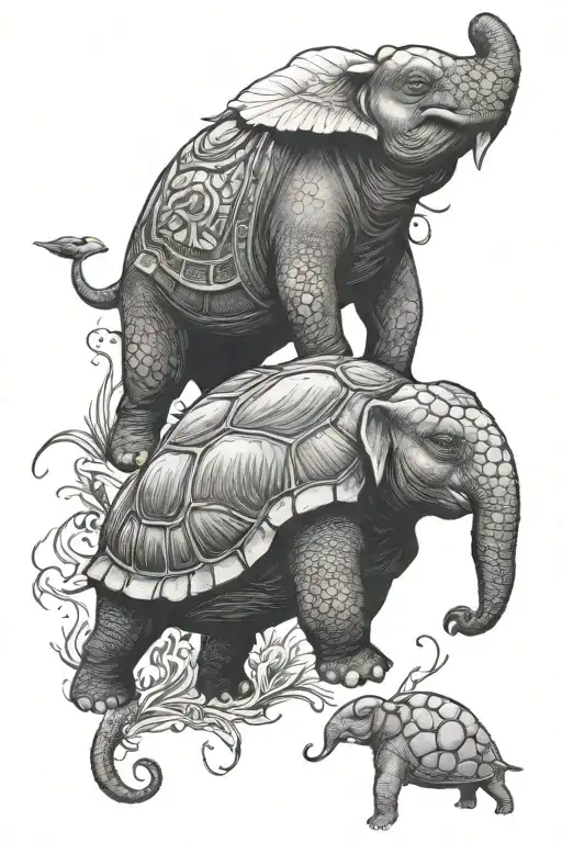 Turtle Under The Sea On The Bottom And An Elephant In The Jungle On Top
