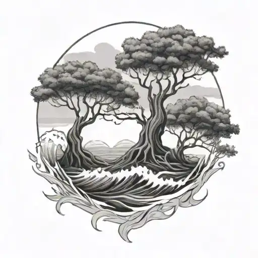 Sibling Tattoo Inspired With A Tree And Waves Flowing