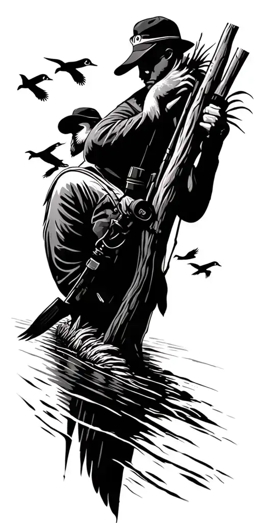 Duck Hunter In Blind On River With Ducks Flying