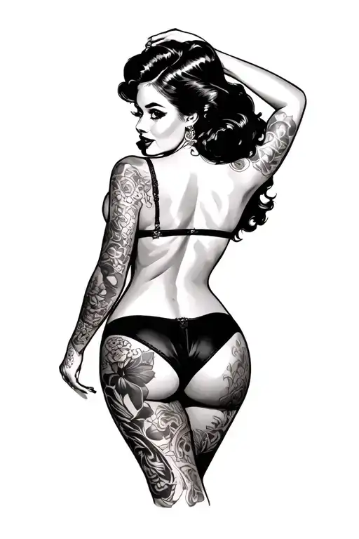 Pin Up Girl On A Thong Looking Over Her Shoulder With A Round Bottom
