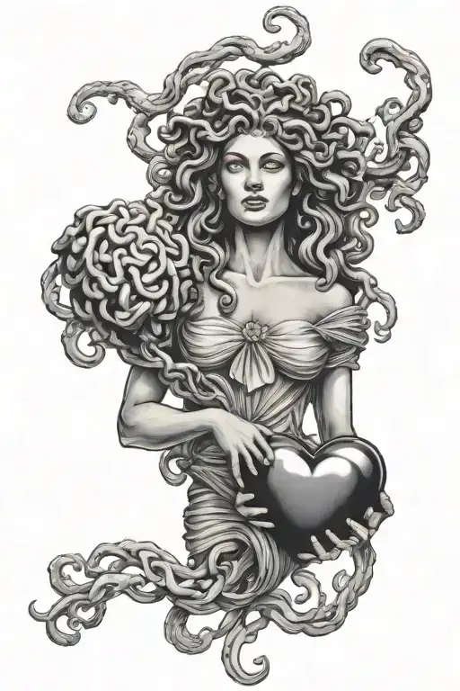 Realistic Mythological Medusa Holding Heart In One Hand And Brain In The Other Hand