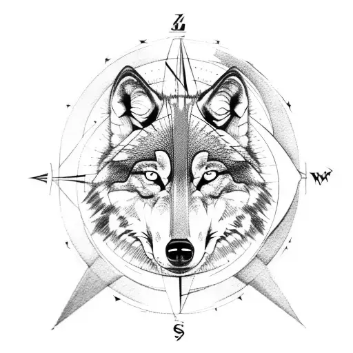Wolf Standing And Watching Behind Him Is Compass Rose And Some Geometrical Lines