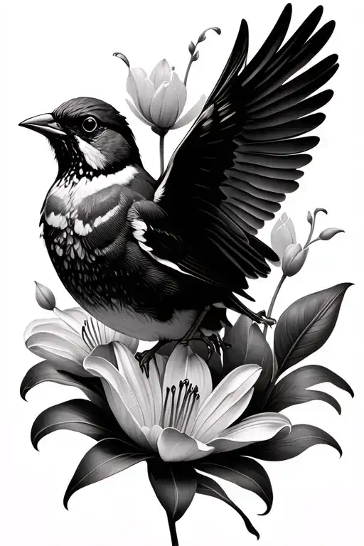 Sparrow Landing On Lily Intertwined