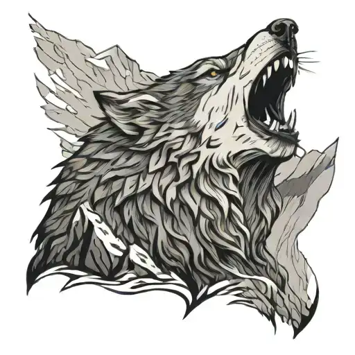 Growling Wolf And Mountains