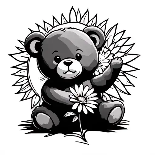 Teddy Bear Outline Holding A Flower That Is Actually A Sun