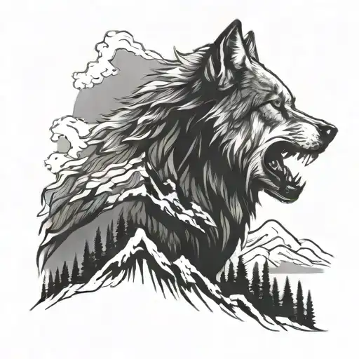 Growling Wolf And Mountains
