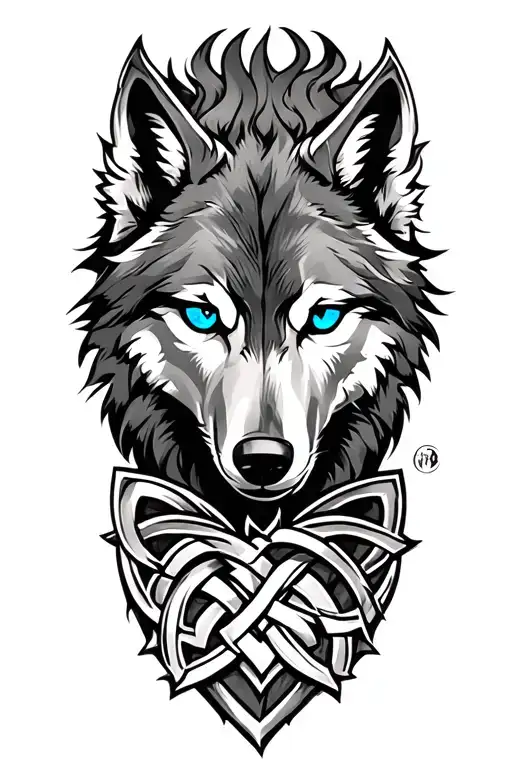 Wolf With Blue Eyes On Armor Tattoo Design Featuring Celtic Trinity Knot