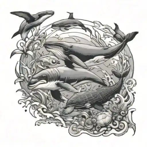 Ocean Animal Scene Including Whales And Turtle