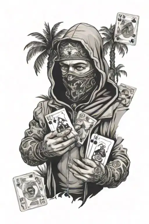 Man With A Balaclava And Deck Cards And Dice And Palm Trees And Money Rolls