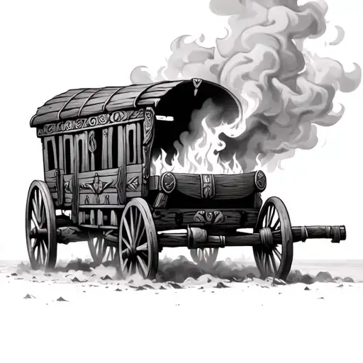 Burning Wagon With Native American Symbols In The Smoke