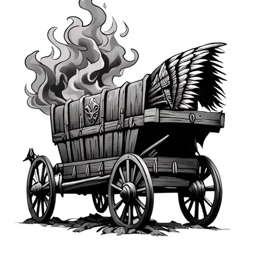 Burning Wagon With Native American Symbols In The Smoke