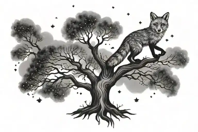 Black Tree Of Life With Fox On The Branch And Starry Sky