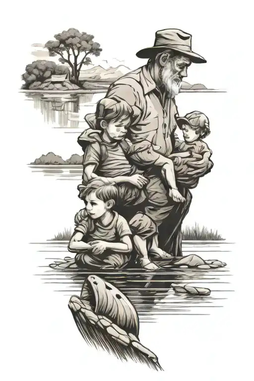 Father And Sons By The Lake