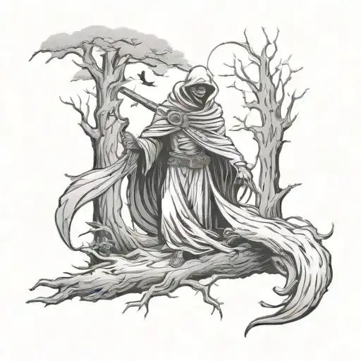 Grim Reaper In Cloudy Woods With Crows