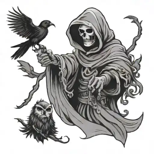 Grim Reaper In Dark Clouds With Crows