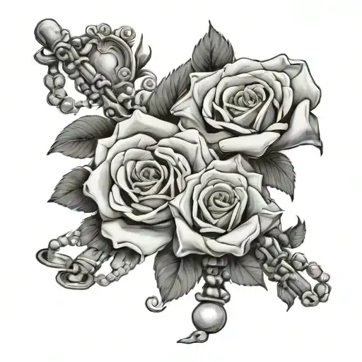 3 Rosses With 2 Ribbons And A Rosary Wrapped Loosely