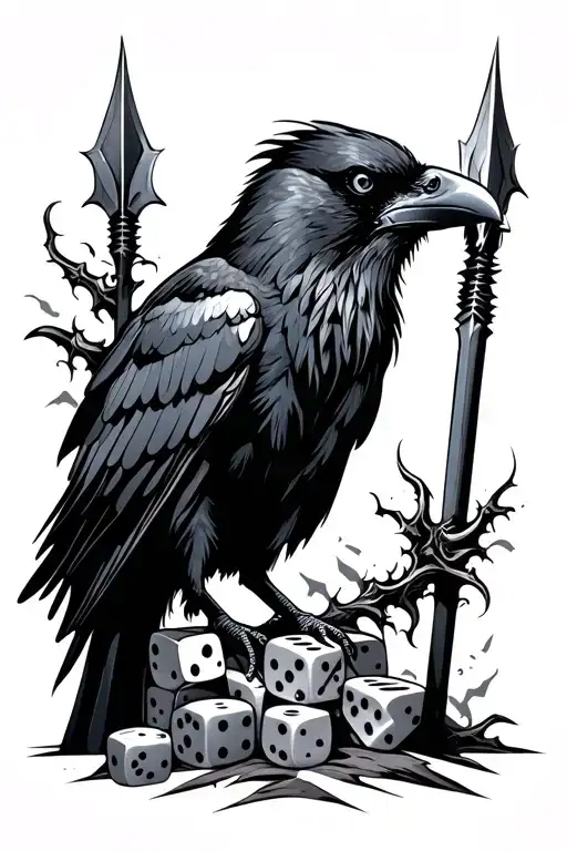 A Raven With Dices In Claws And Spear Background