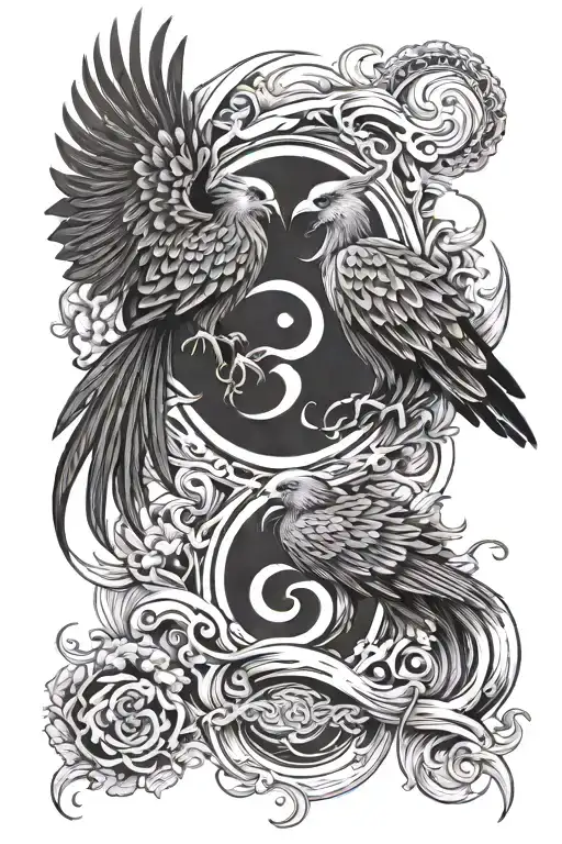 Phoenix And Reaper In Yin Yang Symbol