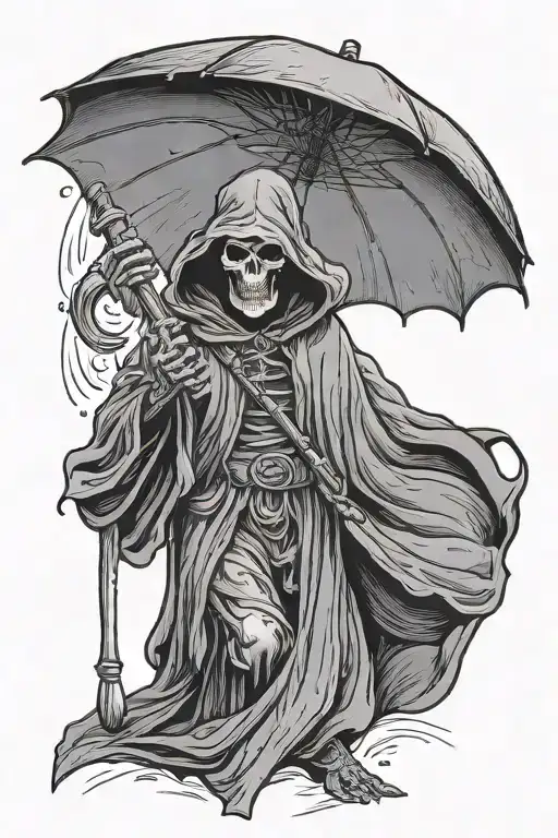 Grim Reaper Holding Umbrella Getting Rained