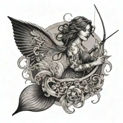 An Intricate Design Of A Woman Fishing In A River Made Of Flowing Money