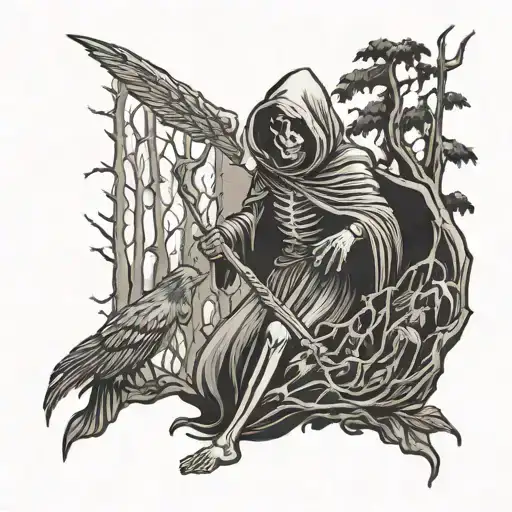 Grim Reaper In Woods With Smoke And Crows