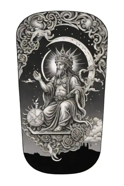 A Celestial Scene Of The Heavens With A God Figure Surrounded By Symbols Of Love And Peace