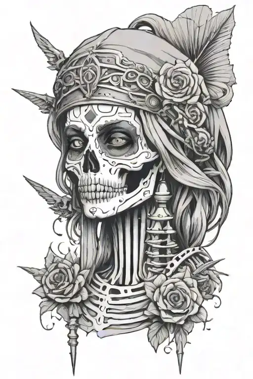 Face Of Female Statue Close Up As A Skeleton With Army Rockets Behind Her