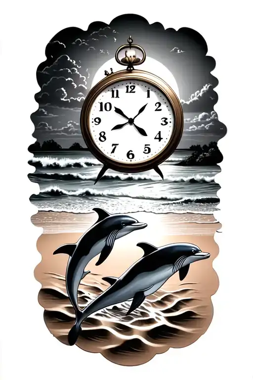 Clock On Beach Sand And Dolphins Swimming With Sunset