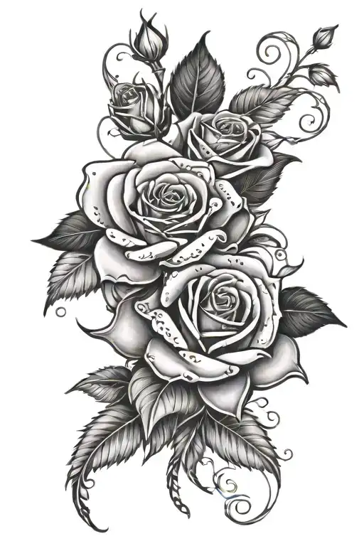 Rose Half Bloom And Full Bloom With Leaves Vines And Thorns Wrapping Around With Jewels Dangling