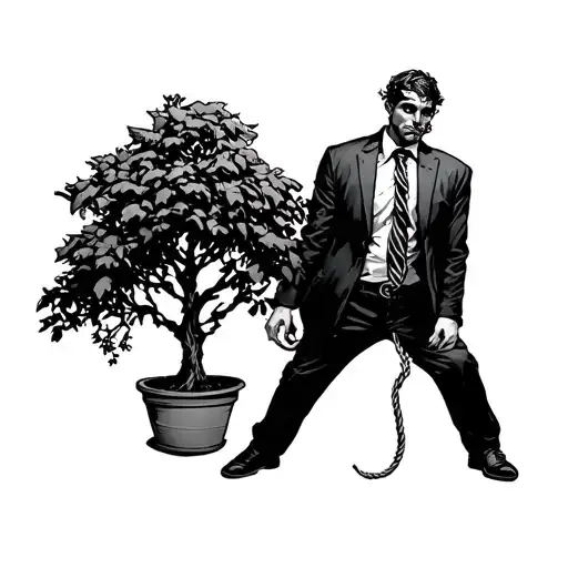 Standing Man In Suit With A Noose Around His Neck Attached To A Small Tree In A Pot