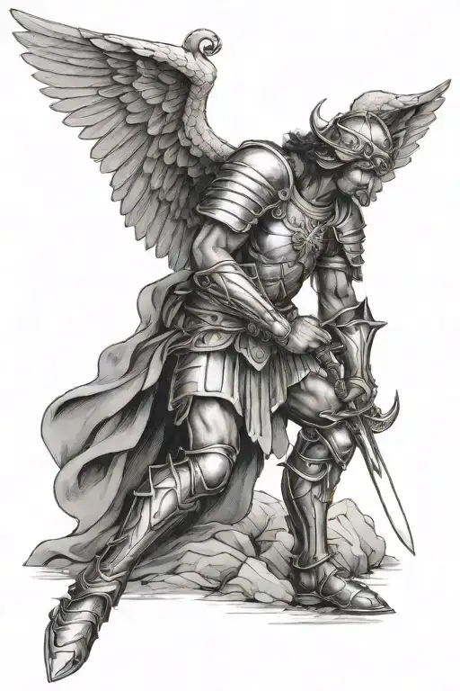 St Michael Kneeling Down With Armor And A Sword