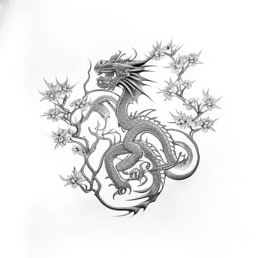 A Dragon Intertwined With A Blooming Cherry Blossom Tree