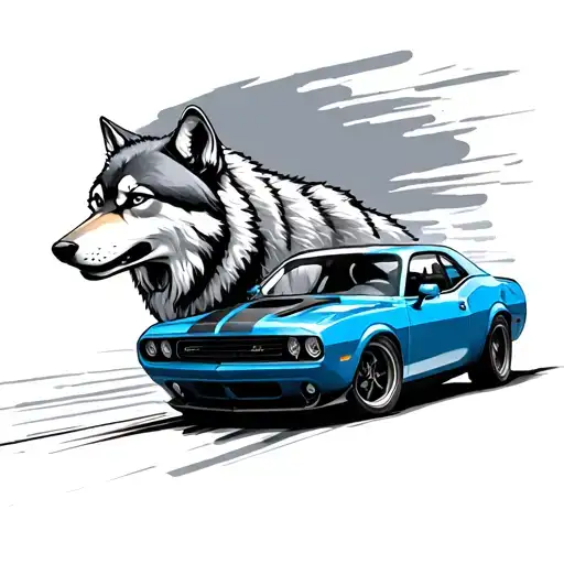 Wolf And A Blue Car Speeding