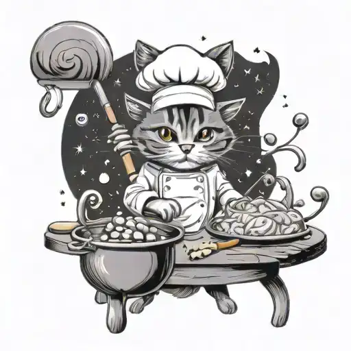 A Cat Chef Casting Spells With A Magic Wand In A Kitchen Filled With Astrological Symbols