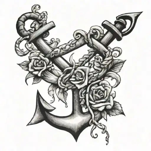 A Black-grey Tattoo Of Anchor Connecting Vines To The Word Beloved Written In Hebrew