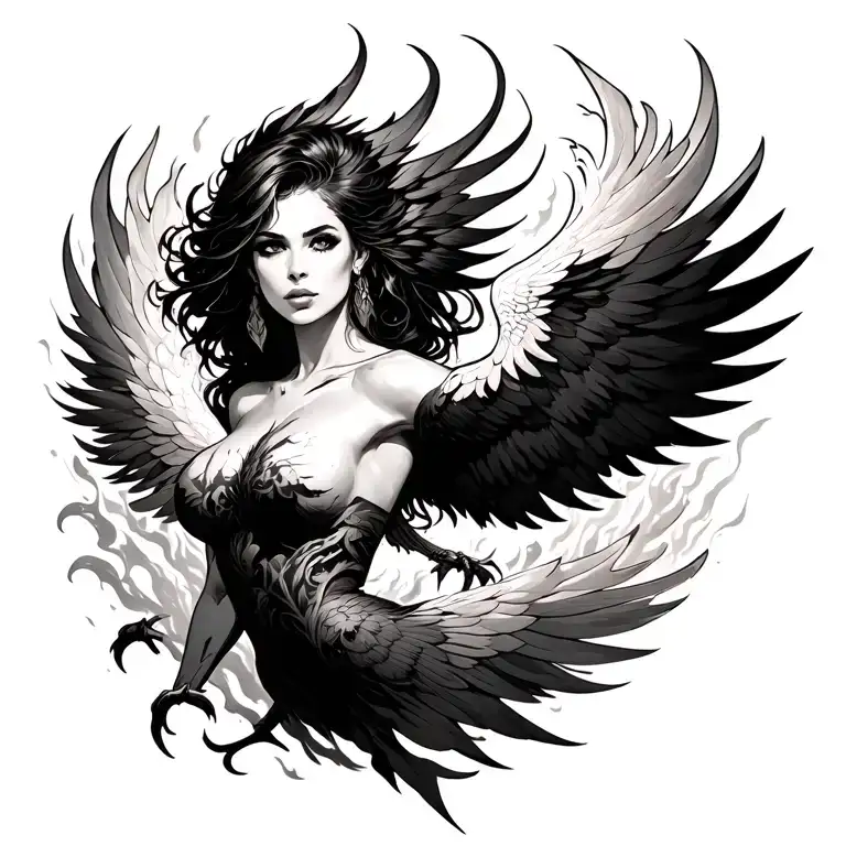 Sexy And Busty Warrior Woman Rising As A Phoenix With Flame And Ash