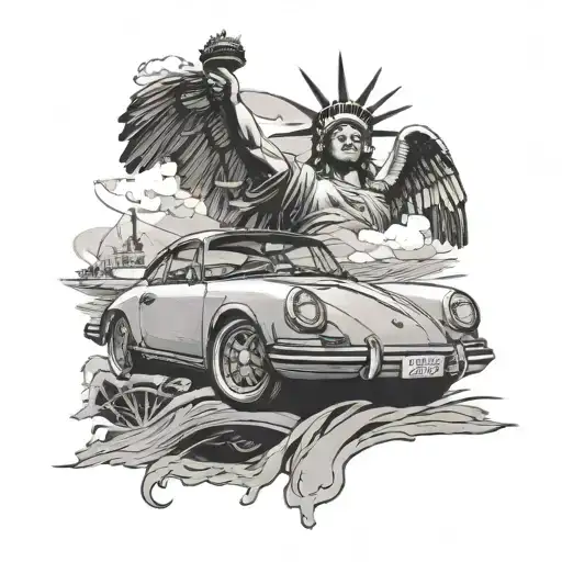 A Vintage Porsche Speeding Down The Road With A Half Skull Statue Of Liberty In Thevbackground