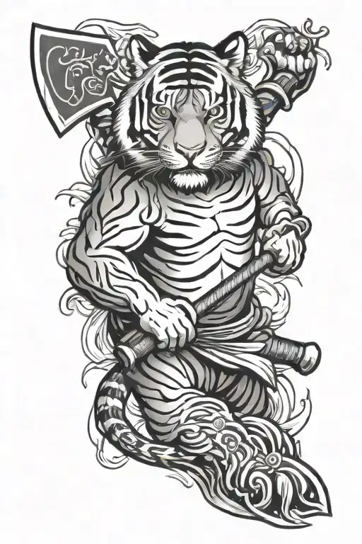 Japanese Tiger Holding Double Axe Fire
