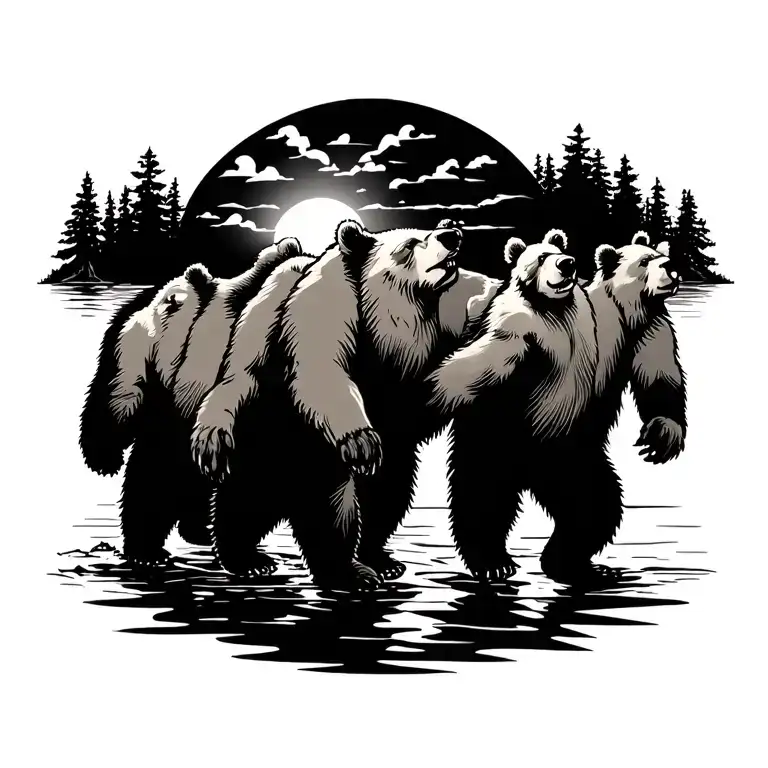 4 Dancing Bears From Grateful Dead Walking Away From Lake Dock In The Sunset