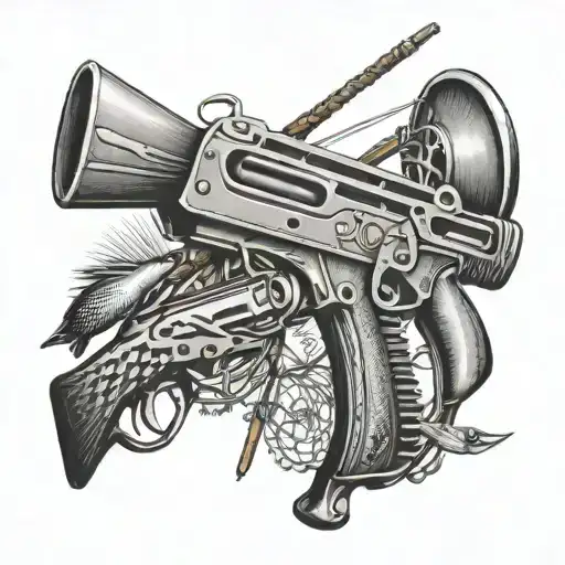 Create A Detailed Black And Grey Tattoo Of A Shotgun Surrounded By Fishing Hooks And Farming Tools