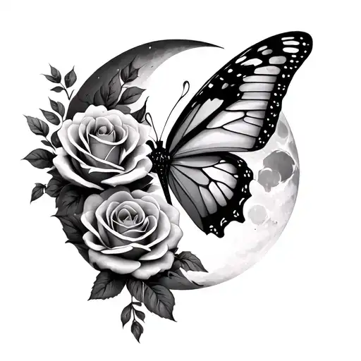 Butterfly And Roses And Moon