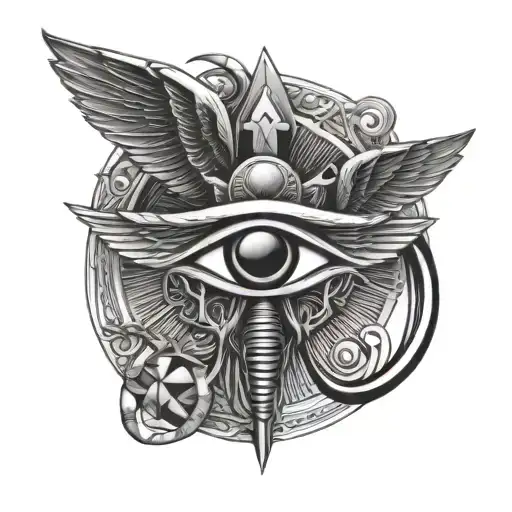 Ankh With Eye Of Ra Eye And Scarab Bettle Wings Spread