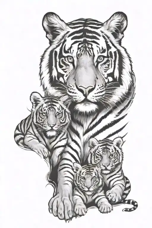 Family Tiger With Cubs Face Only
