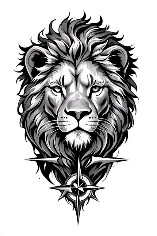 Small Lion Head And Compass Rose Blended Together