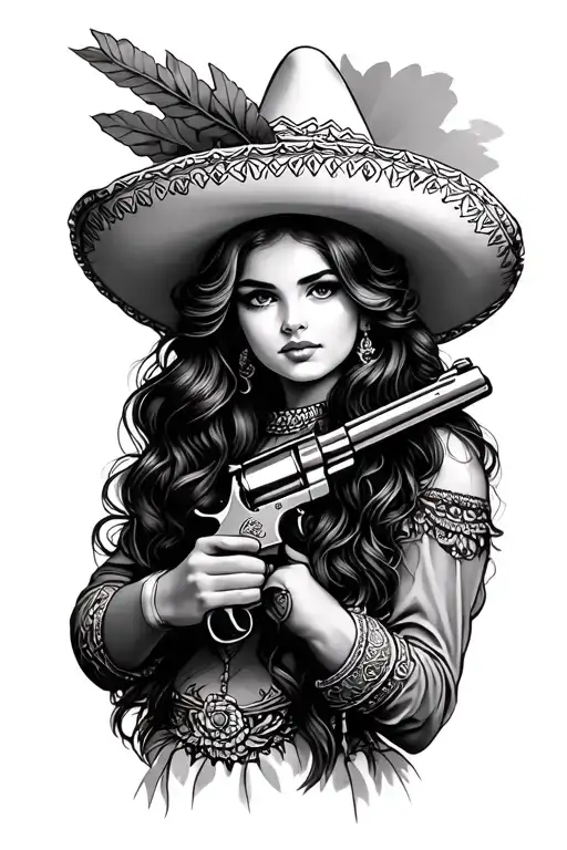 Traditional Girl With Sombrero Holding Revolver Gun