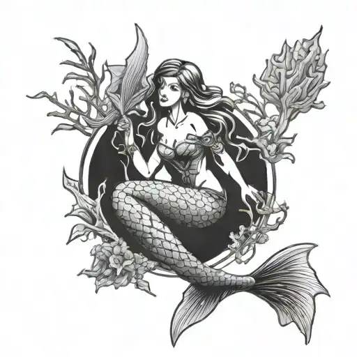 Mermaid Sitting On Coral Reef Scene Tattoo Design Incorporating Elements
