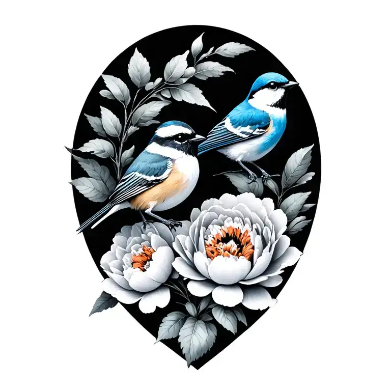 Chickadee And Bluebird With Peonies Growing
