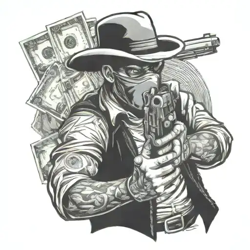 Bank Robber Holding A Gun And Money